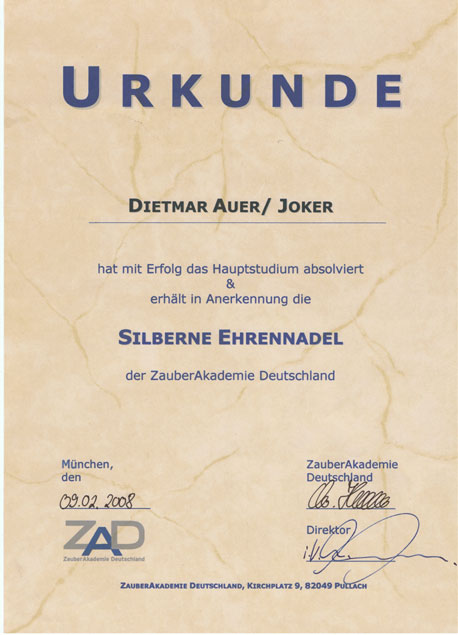 Urkunde Zauberschule, silberne Ehrennadel